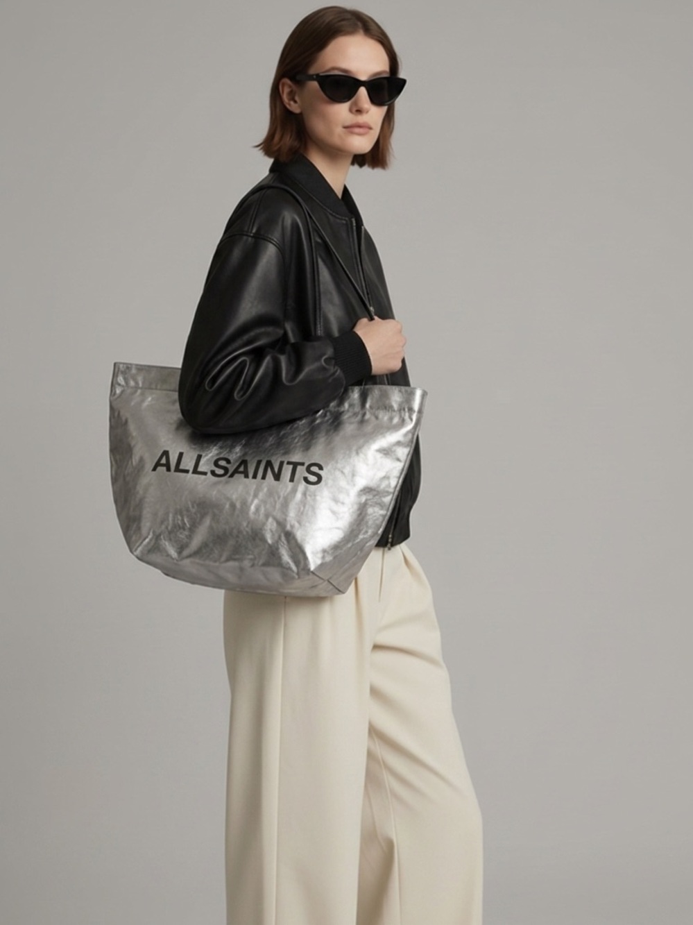All Saints Metallic Silver Tote